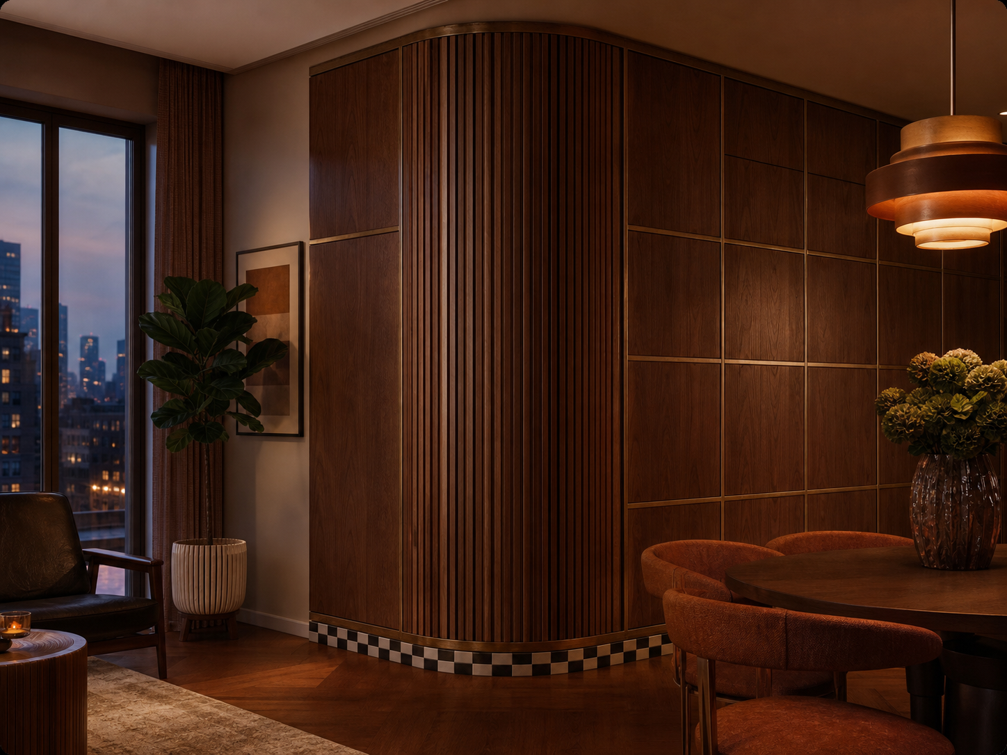 Fadior Terrazzo Wall Panel Suite with Tambour Acoustic Cove — interior room context showing cabinet integration
