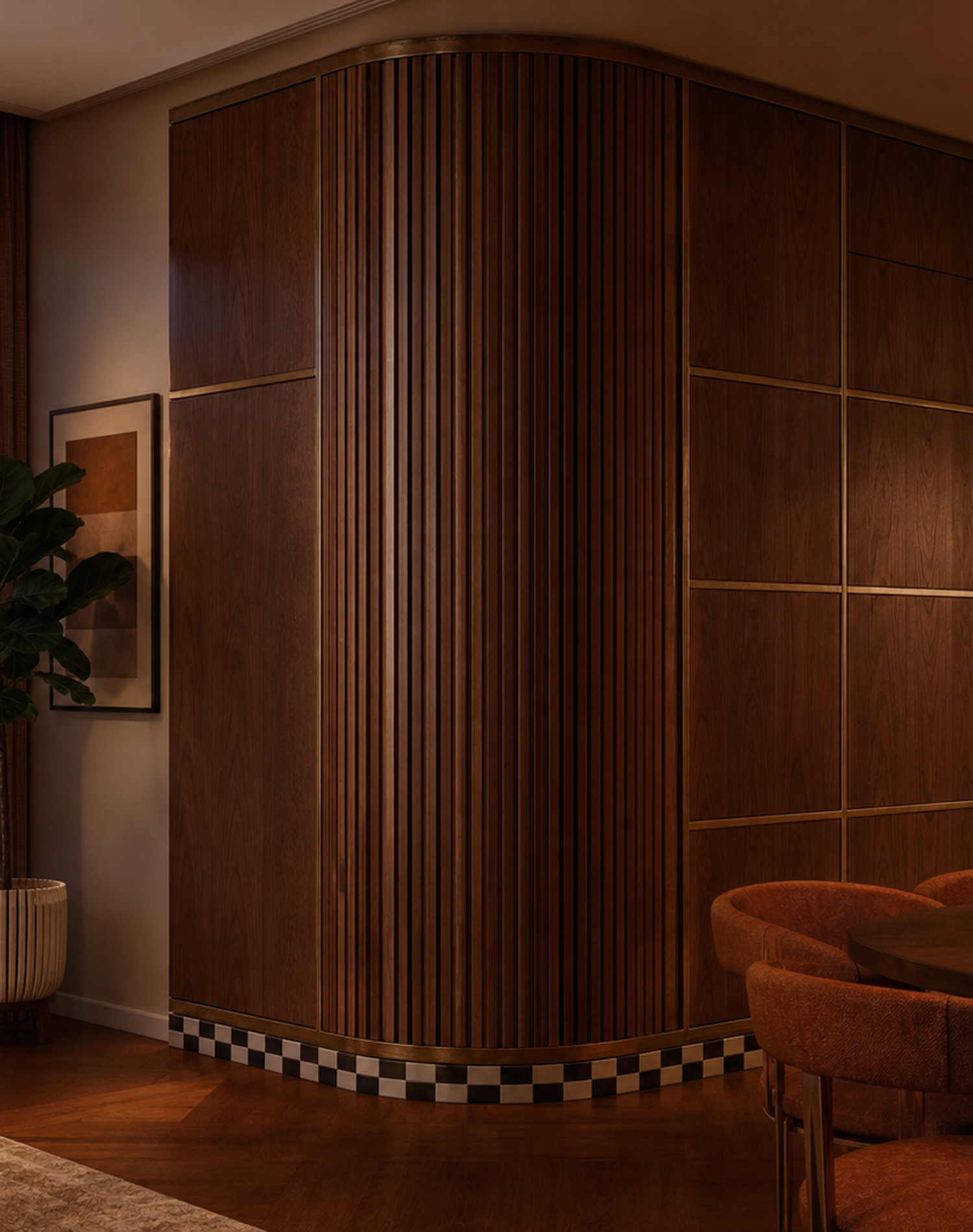 Fadior Terrazzo Wall Panel Suite with Tambour Acoustic Cove — interior room context showing cabinet integration