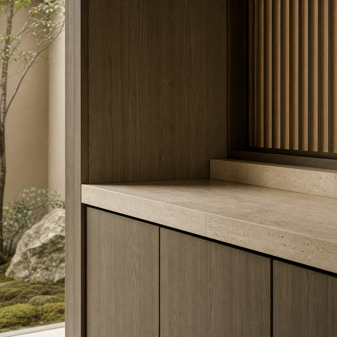Fadior Dusk Balcony Suite with Calacatta Breakfast Rail — close-up of stainless steel finish and hardware detail