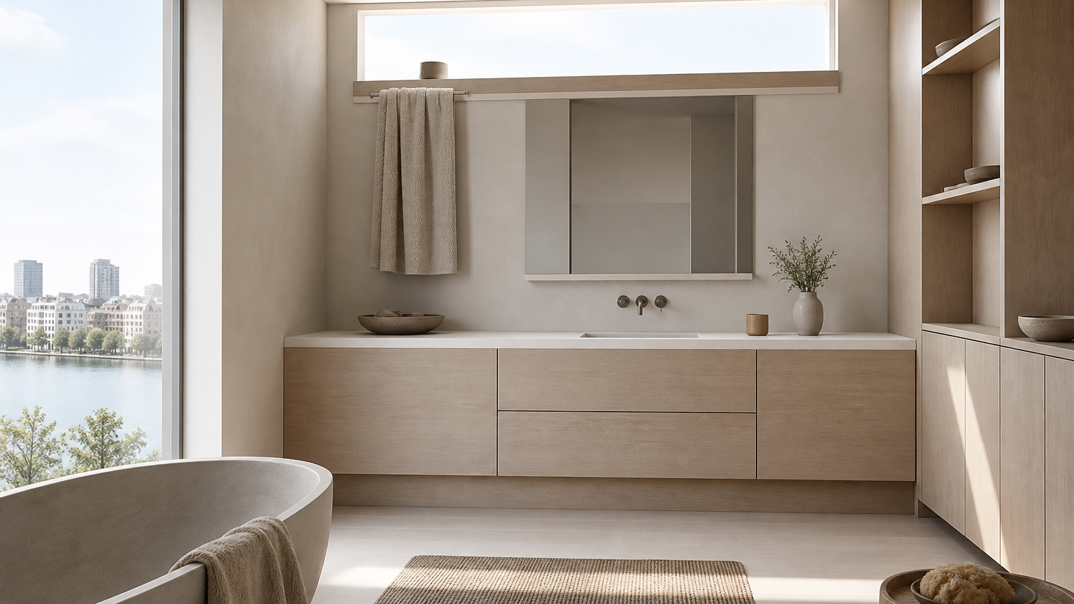 Fadior Solstice Bath and Vanity Suite with Clerestory Towel Bridge — lifestyle setting with natural light and residential