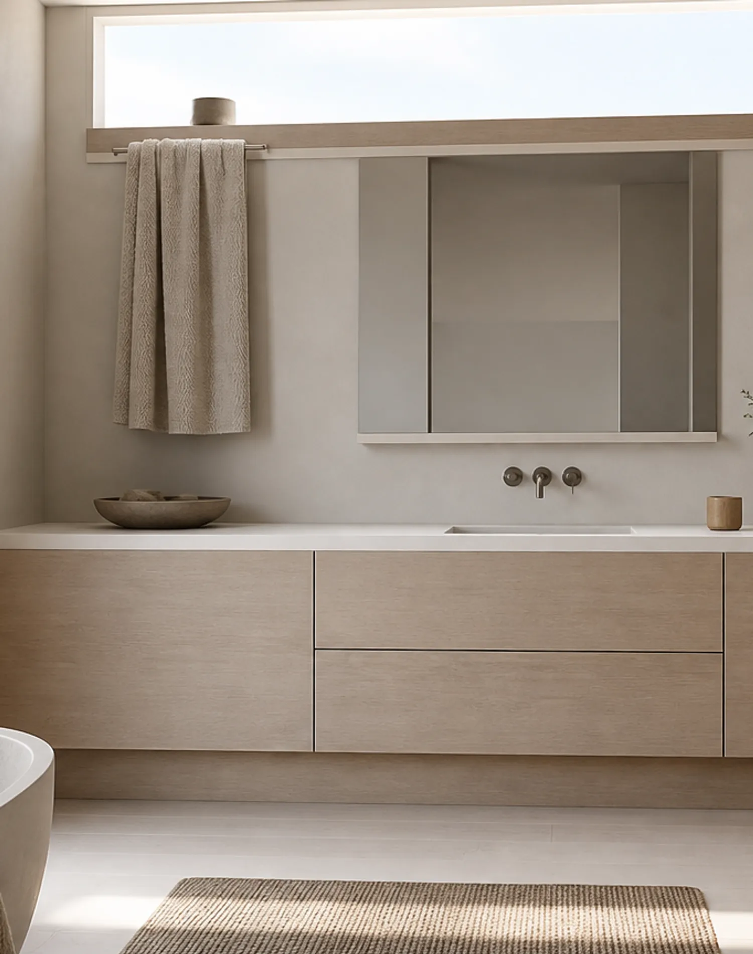 Fadior Solstice Bath and Vanity Suite with Clerestory Towel Bridge — lifestyle setting with natural light and residential