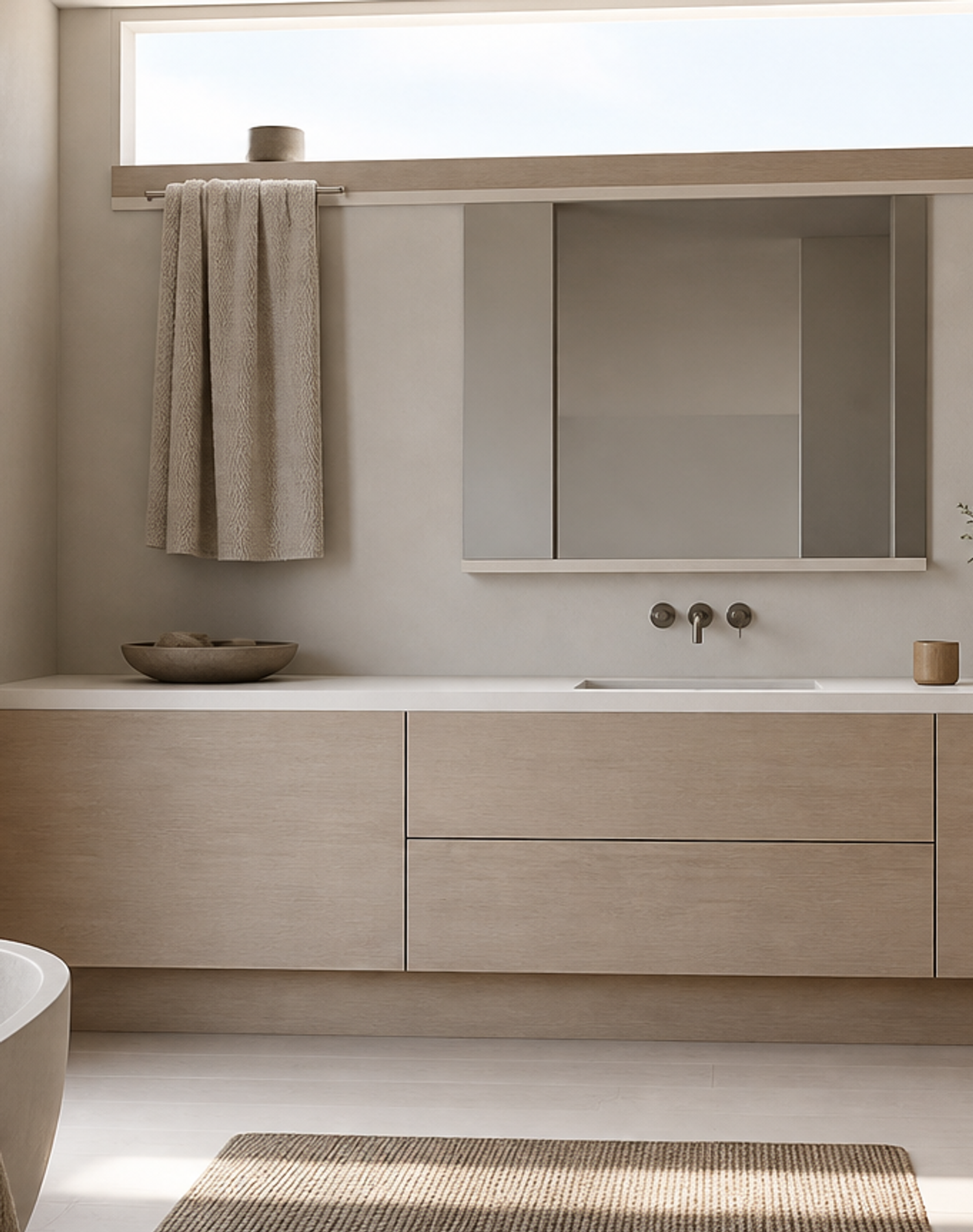 Fadior Solstice Bath and Vanity Suite with Clerestory Towel Bridge — lifestyle setting with natural light and residential