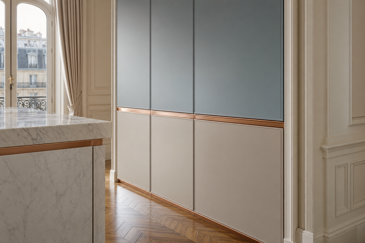 Fadior Pavilion Kitchen Suite with Chromatic Breakfast Atrium — close-up of stainless steel finish and hardware detail