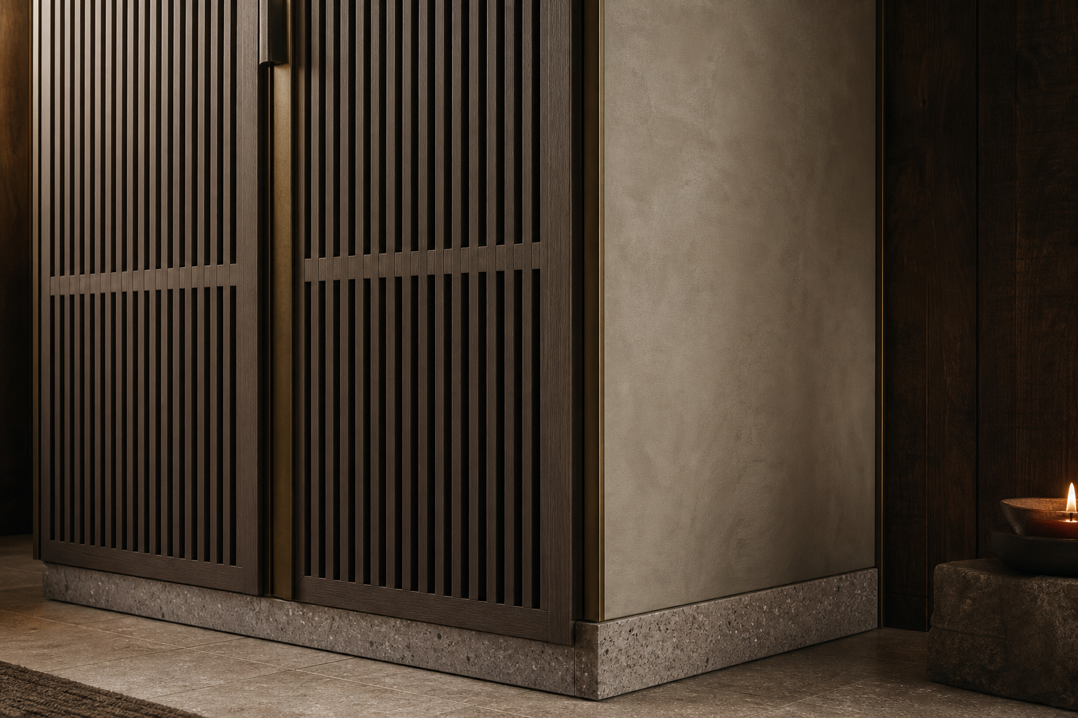 Fadior Elementum Wardrobe Suite with Cedar Lattice Dressing Bay — close-up of stainless steel finish and hardware detail