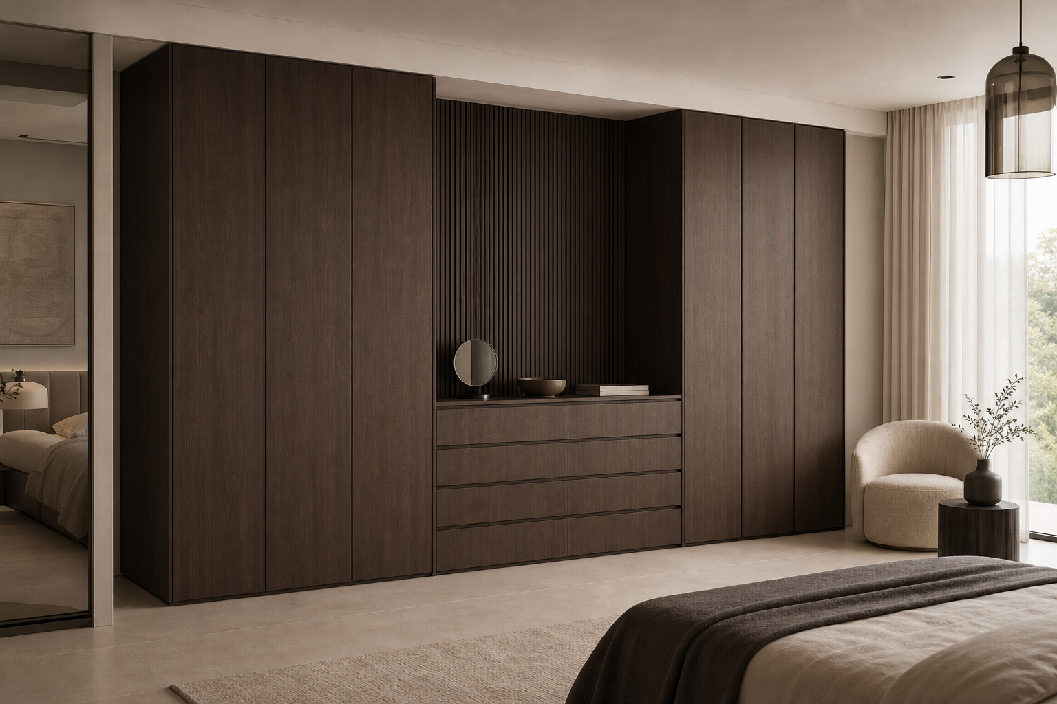 Fadior Onyx Wardrobe Suite with Monolithic Dressing Spine — lifestyle setting with natural light and residential styling
