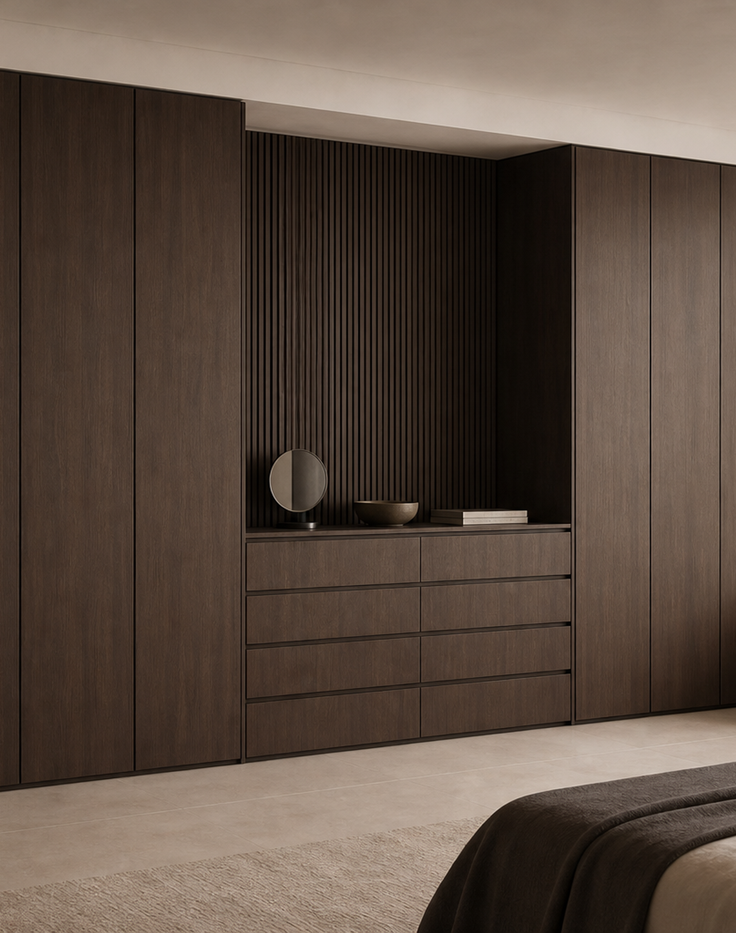 Fadior Onyx Wardrobe Suite with Monolithic Dressing Spine — lifestyle setting with natural light and residential styling