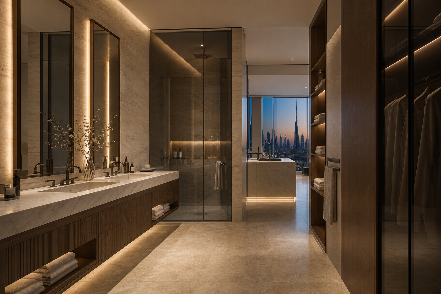 Fadior Dubai 180 sqm Kitchen Bath Penthouse — Study — Dubai penthouse bath vanity with mirror, basin counter, glass shower,
