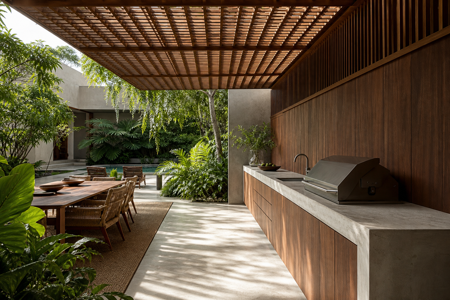Fadior Horizon Outdoor Kitchen Suite with FSC Ipe Provision Bar — interior room context showing cabinet integration