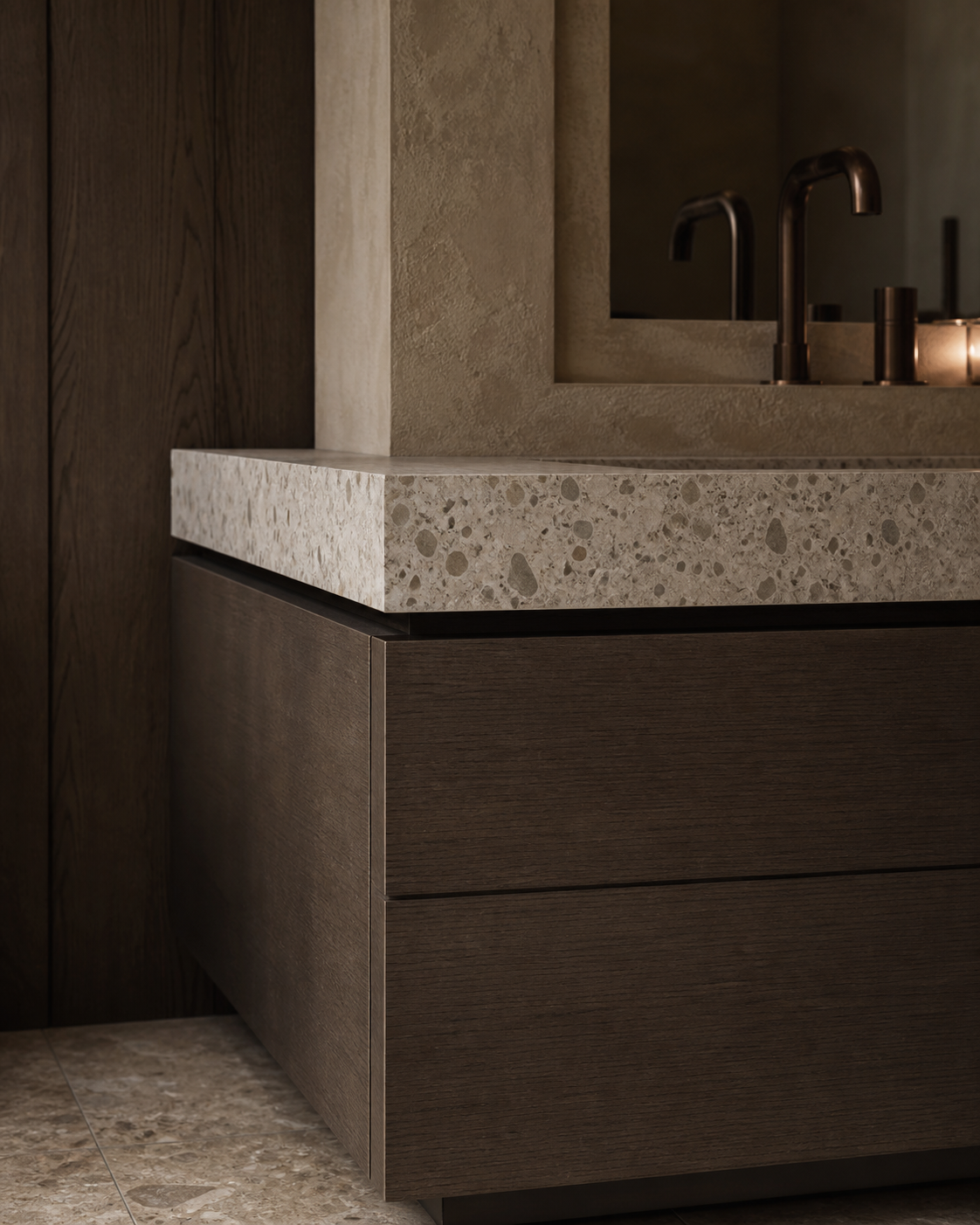 Fadior Solstice Bath and Vanity Suite with Dewpoint Edge Basin Console — close-up of stainless steel finish and hardware