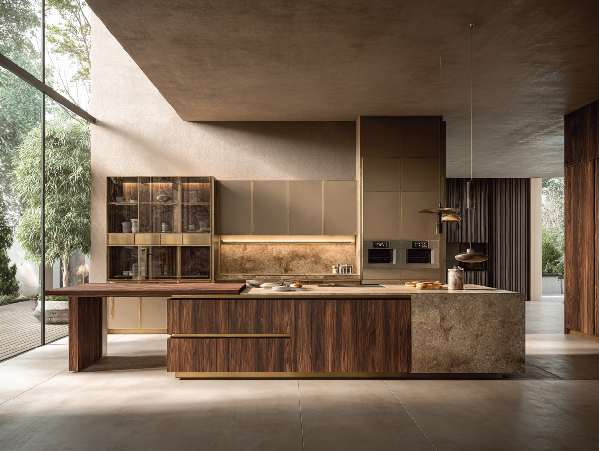 Contemporary courtyard kitchen featuring deep walnut cabinetry, natural stone surfaces, and glass display cabinets bathed in natural light