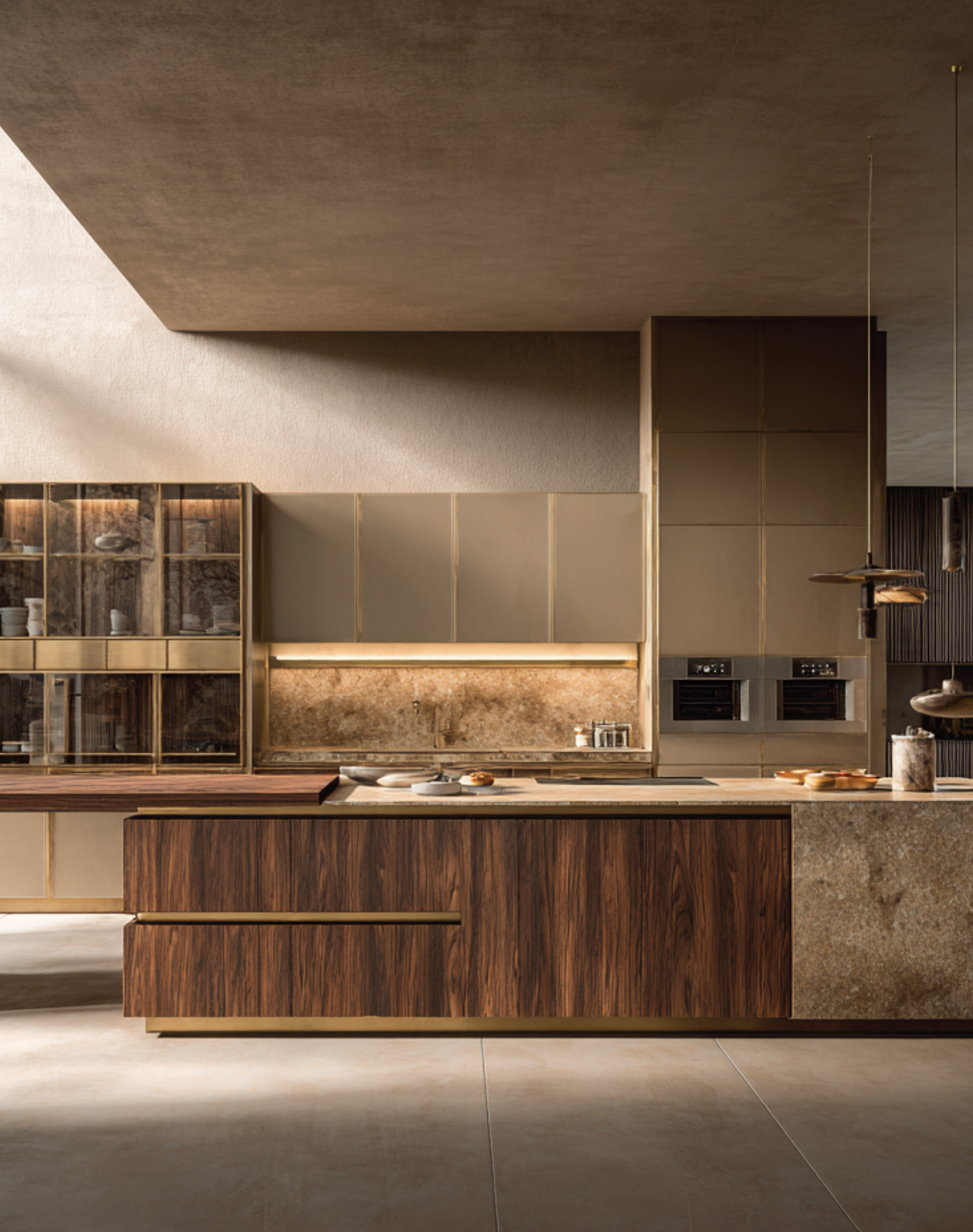 Contemporary courtyard kitchen featuring deep walnut cabinetry, natural stone surfaces, and glass display cabinets bathed in natural light