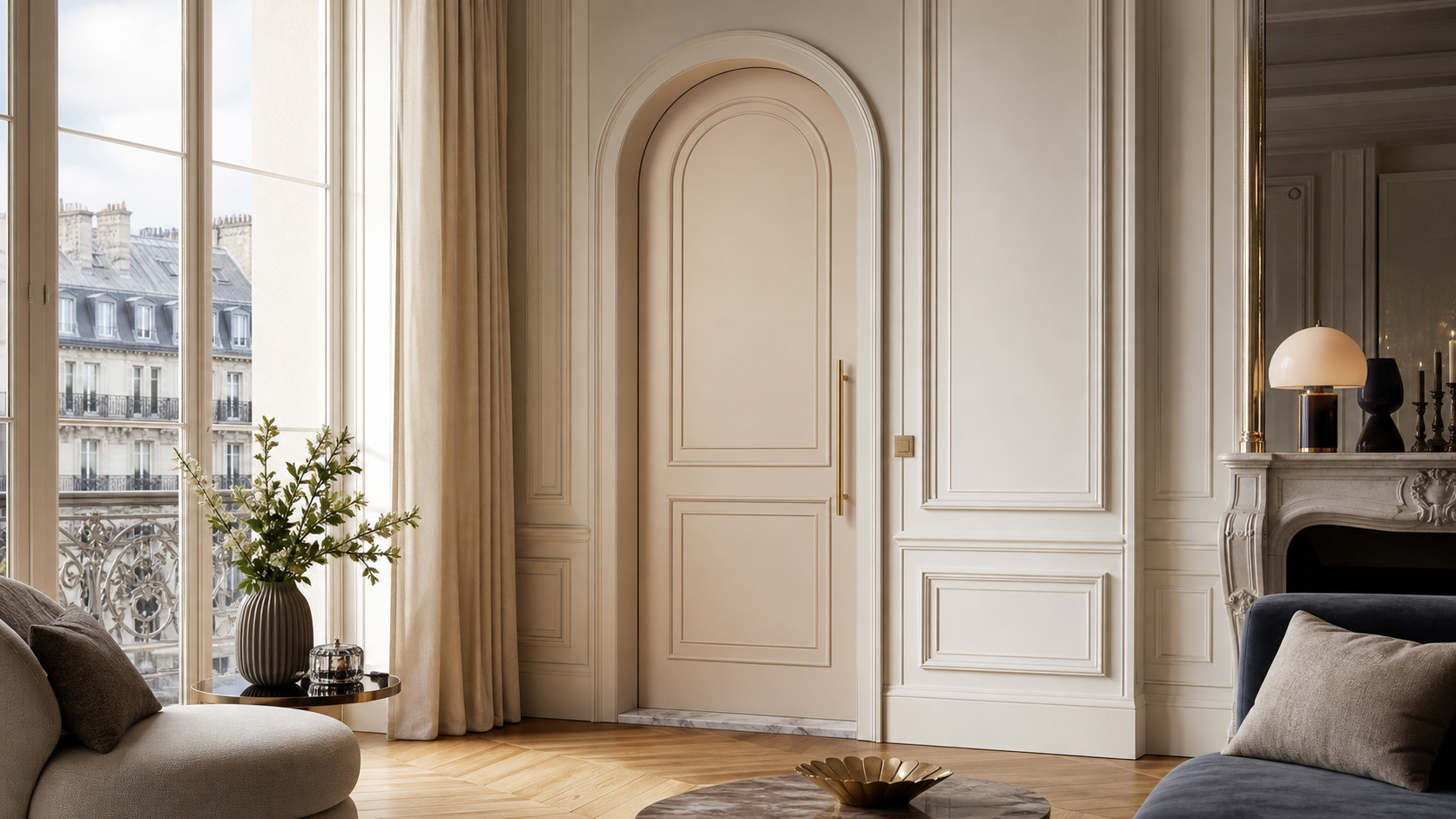 Fadior Silhouette Interior Door Suite with Boiserie Arched Passage Door — lifestyle setting with natural light and