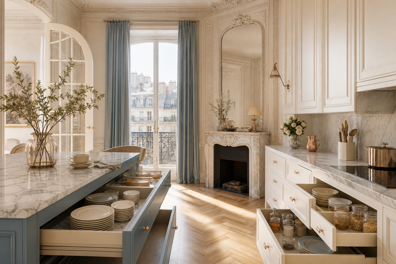 Lifestyle kitchen scene with lined drawers, pantry jars, and clean daily storage.