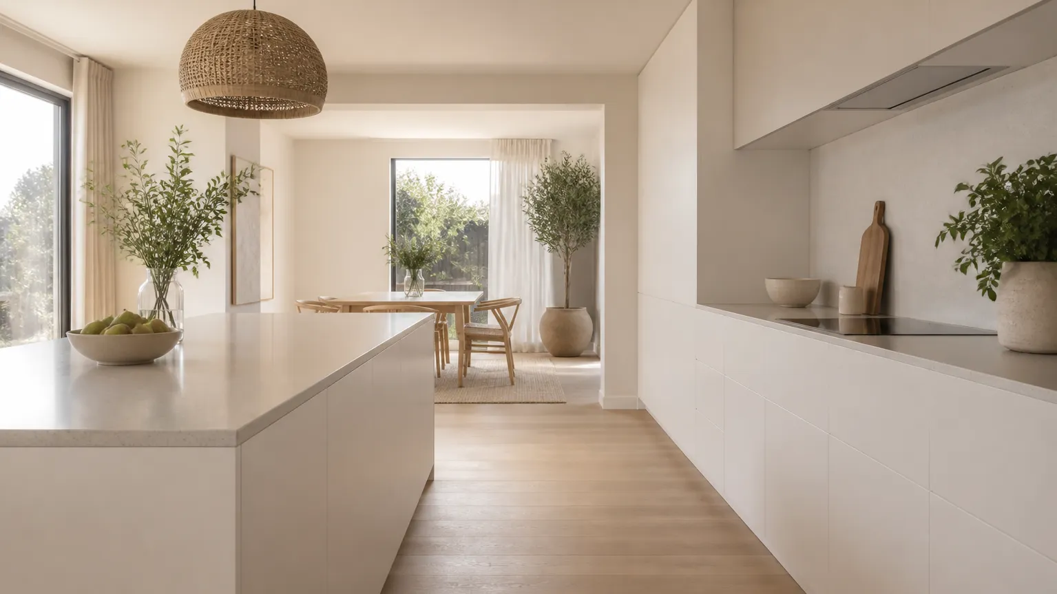 Warm-white minimalist family kitchen with pale timber tones and soft morning light across a dining view.