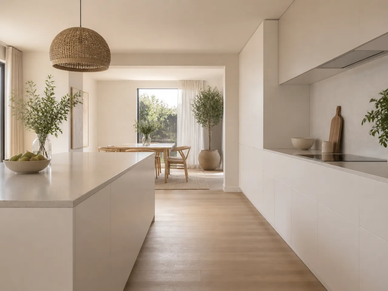 Warm-white minimalist family kitchen with pale timber tones and soft morning light across a dining view. — 304 stainless steel cabinetry editorial by Fadior
