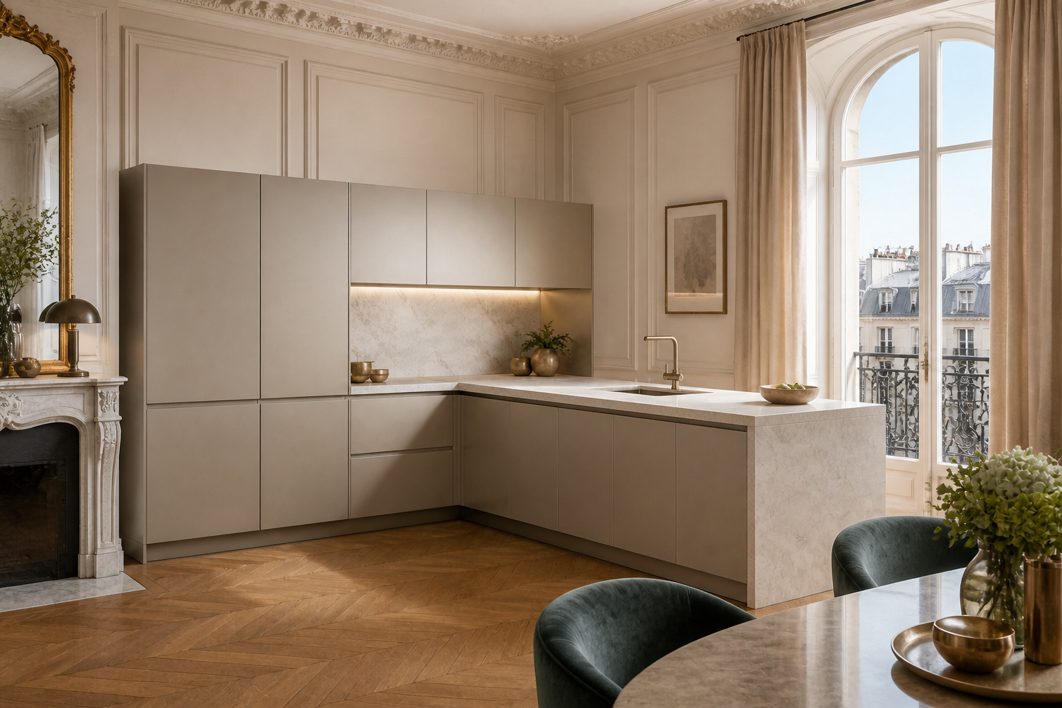 Fadior Continuum Kitchen Suite with Rooftop Champagne Peninsula — lifestyle setting with natural light and residential styling