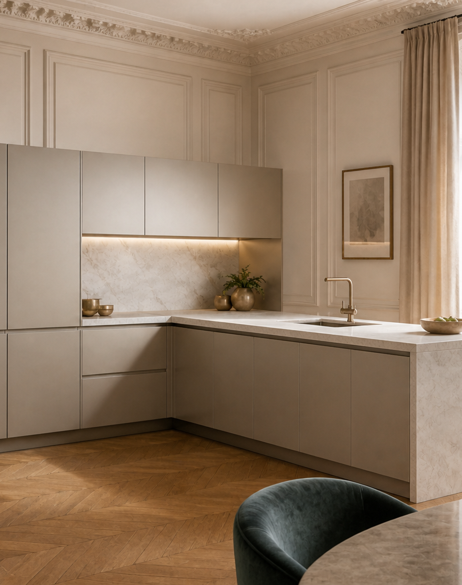 Fadior Continuum Kitchen Suite with Rooftop Champagne Peninsula — lifestyle setting with natural light and residential styling