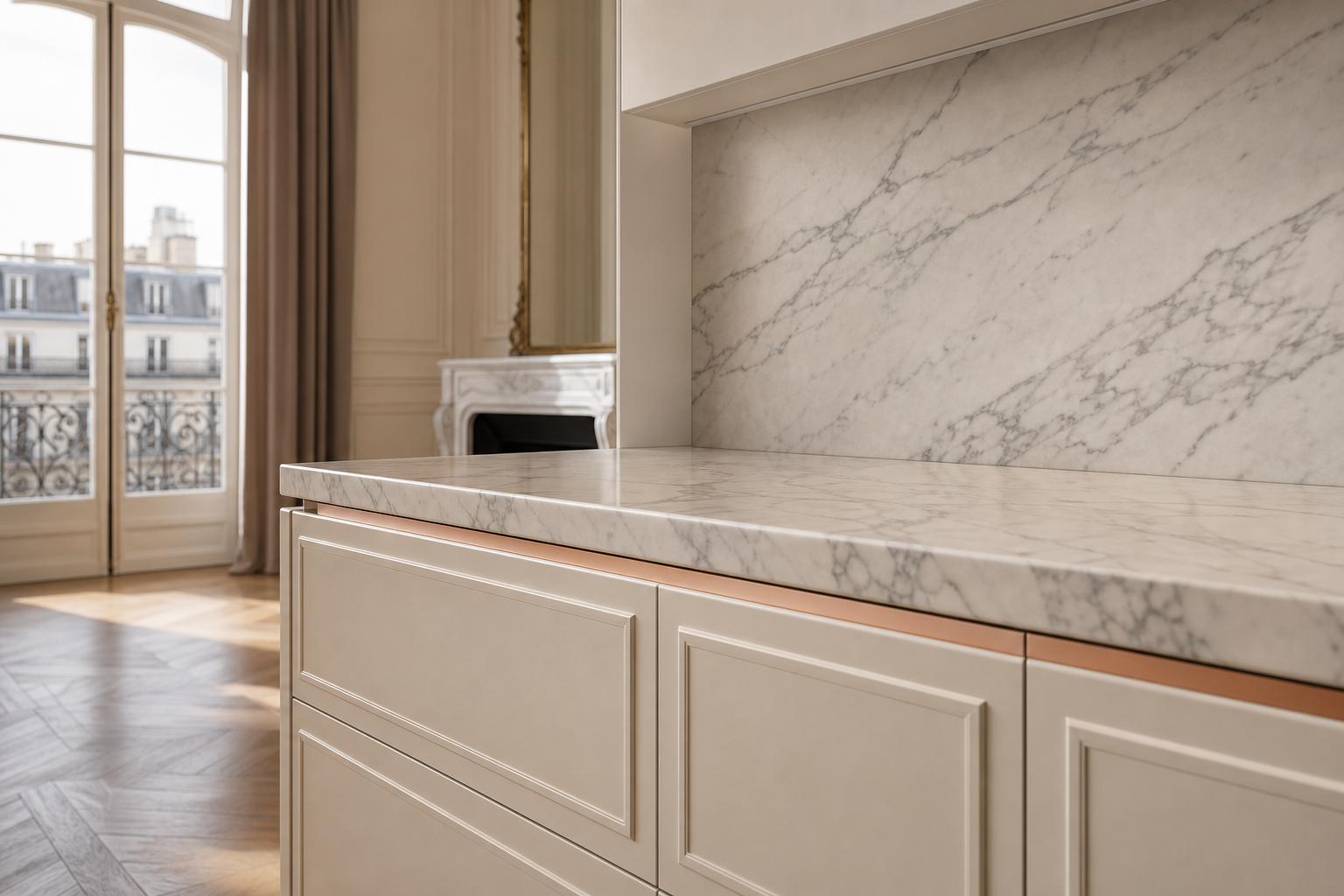 Fadior Silkstone Kitchen Suite with Recessed Dawn Prep Atelier — close-up of stainless steel finish and hardware detail