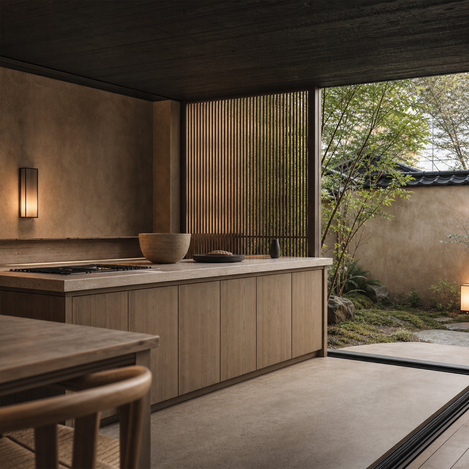 Fadior Horizon Outdoor Kitchen Suite with Sheltered Hearth Counter — lifestyle setting with natural light and residential