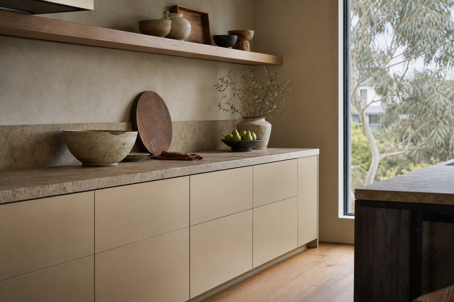 Fadior A Kitchen that Remembers: Marrying Australian Stainless Steel Craftsmanship with Minimalist Japanese Design — stone countertop, champagne lower cabinets, oak shelf, ceramic bowls, timber floor, window trees