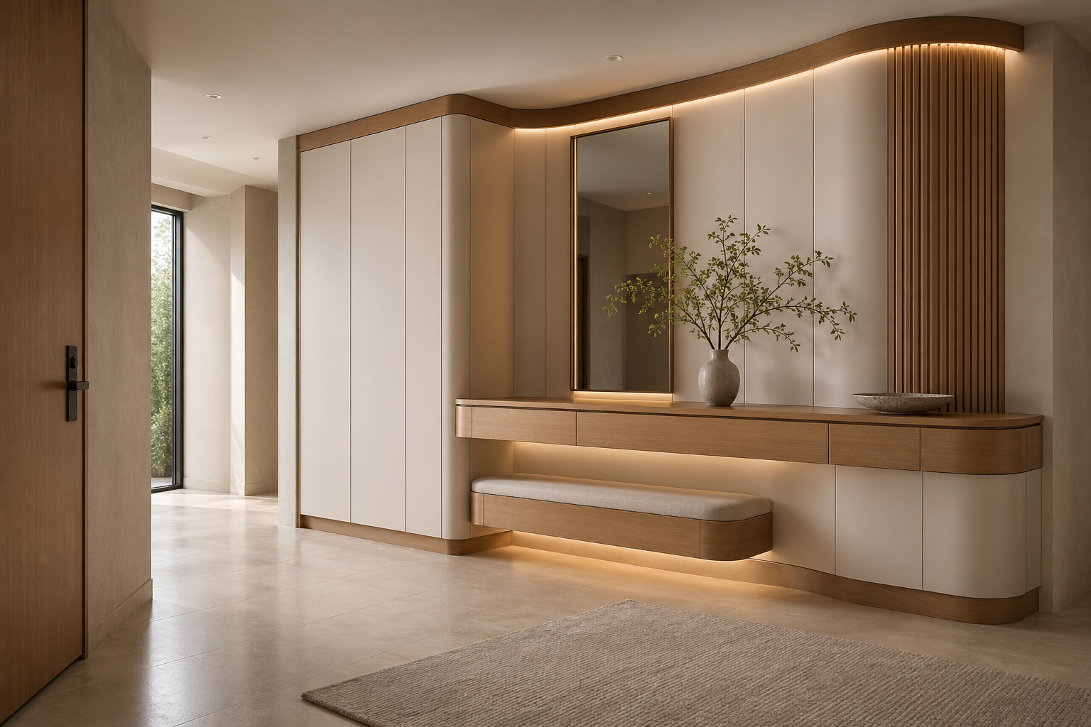 Fadior Ecliptic Entryway Suite with Curved Halo Console Wall — interior room context showing cabinet integration