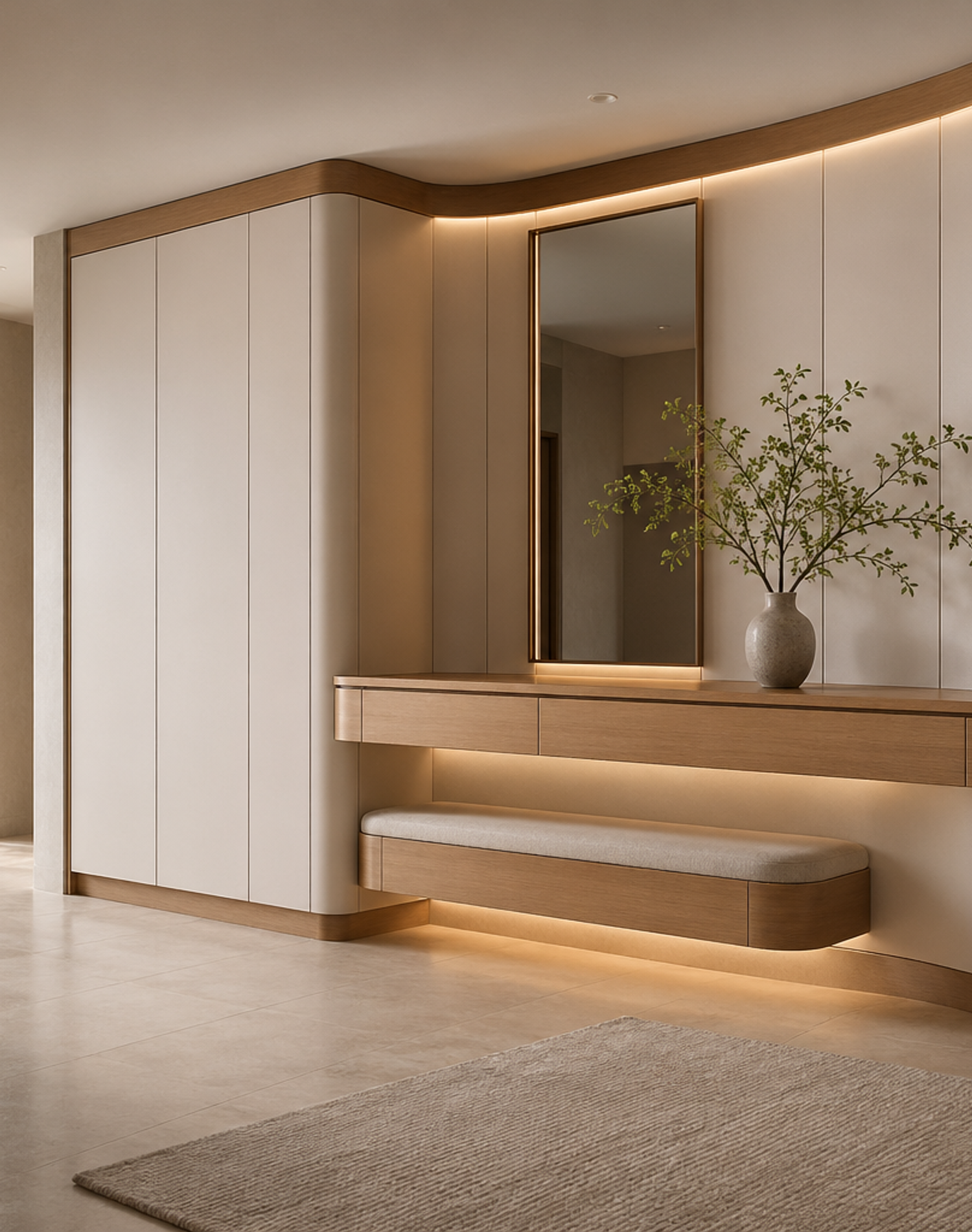 Fadior Ecliptic Entryway Suite with Curved Halo Console Wall — interior room context showing cabinet integration