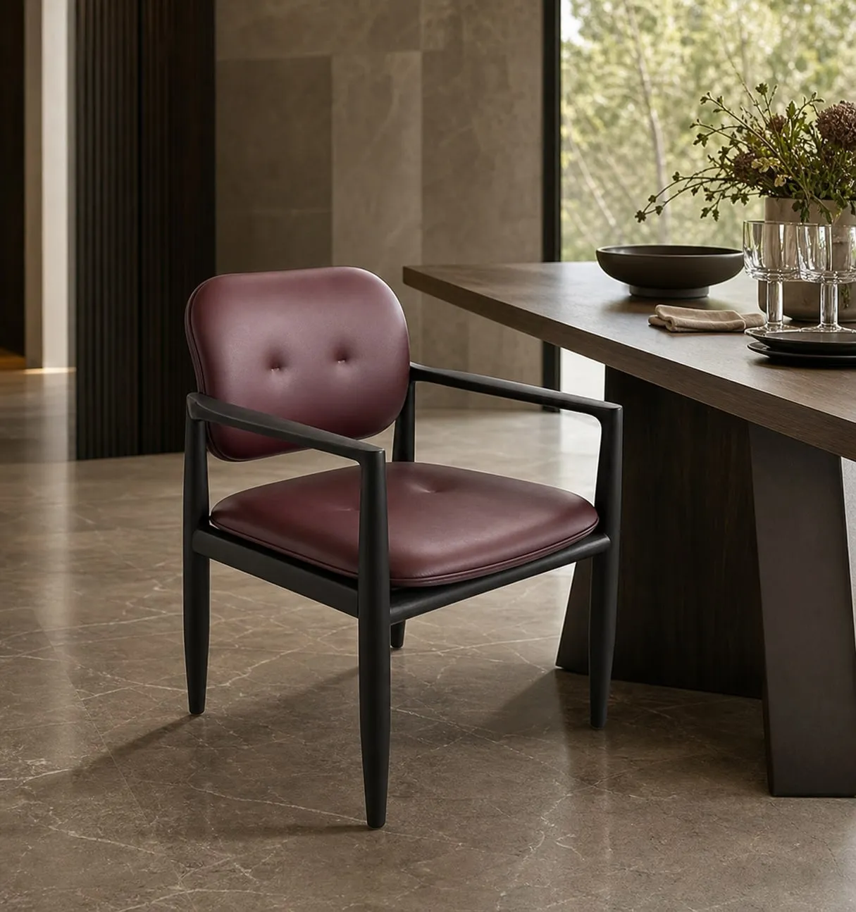 Wood-Framed Buttoned Dining Chair