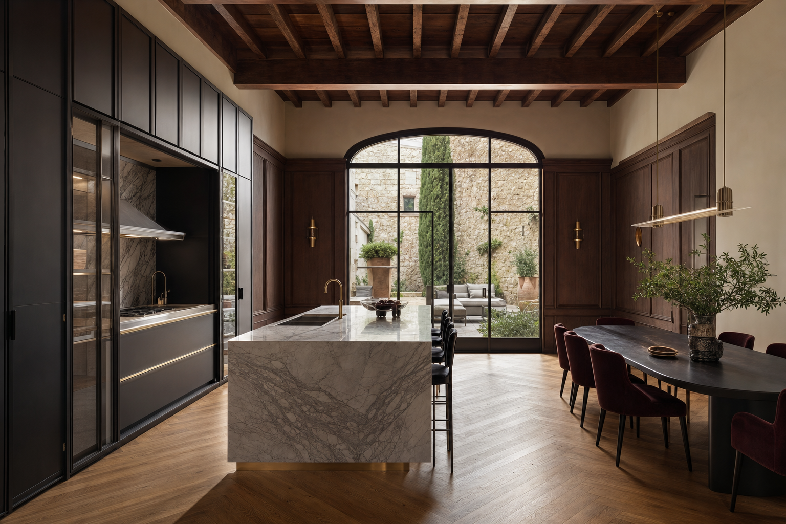 Fadior Siena Garden Courtyard Villa — Siena courtyard villa kitchen with marble island, walnut cabinet wall, timber ceiling beams, arched garden doors, dining table, oak parquet, and stone courtyard — 304 stainless steel cabinetry installation by Fadior