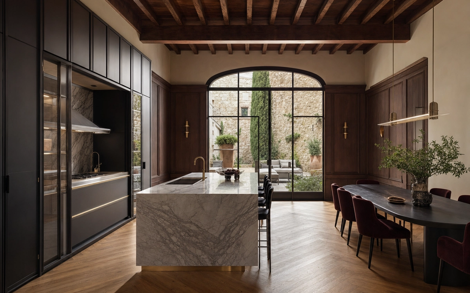 Fadior Siena Garden Courtyard Villa — Siena courtyard villa kitchen with marble island, walnut cabinet wall, timber ceiling beams, arched garden doors, dining table, oak parquet, and stone courtyard — 304 stainless steel cabinetry installation by Fadior