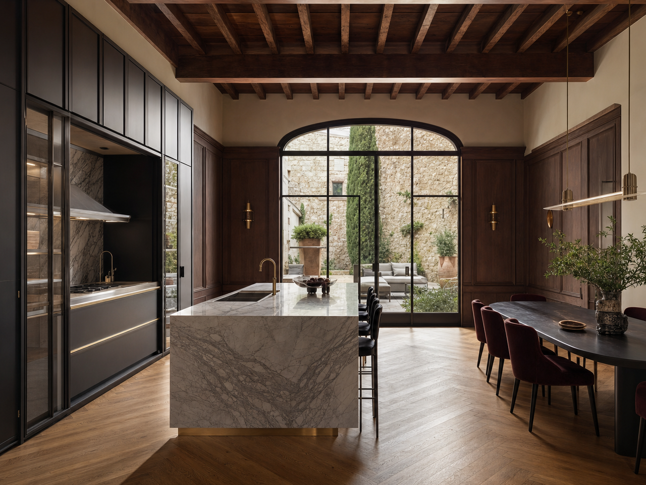 Fadior Siena Garden Courtyard Villa — Siena courtyard villa kitchen with marble island, walnut cabinet wall, timber ceiling beams, arched garden doors, dining table, oak parquet, and stone courtyard — 304 stainless steel cabinetry installation by Fadior