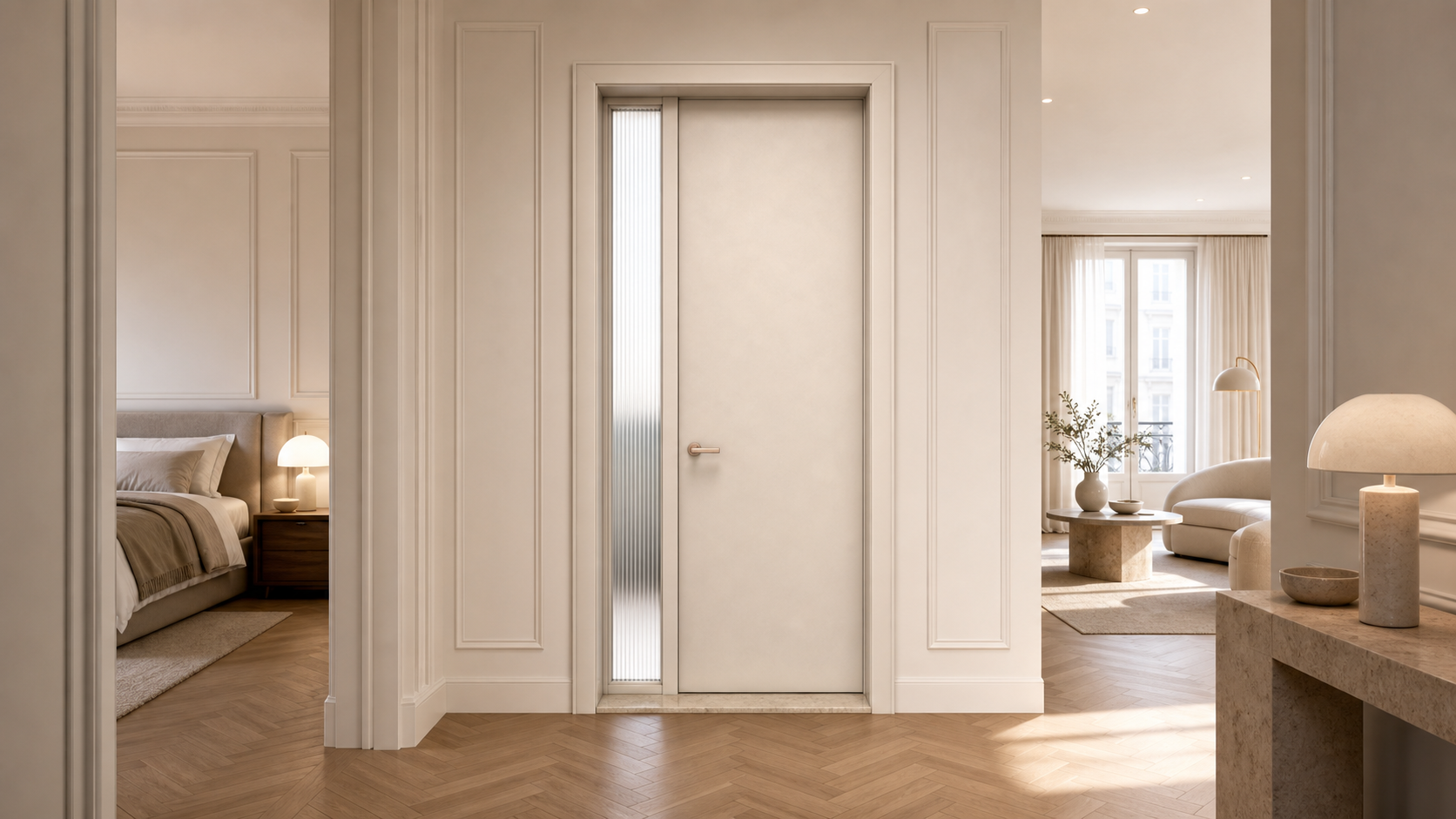 Fadior Alabaster Interior Door Suite with Fluted Sidelight Passage Door — lifestyle setting with natural light and