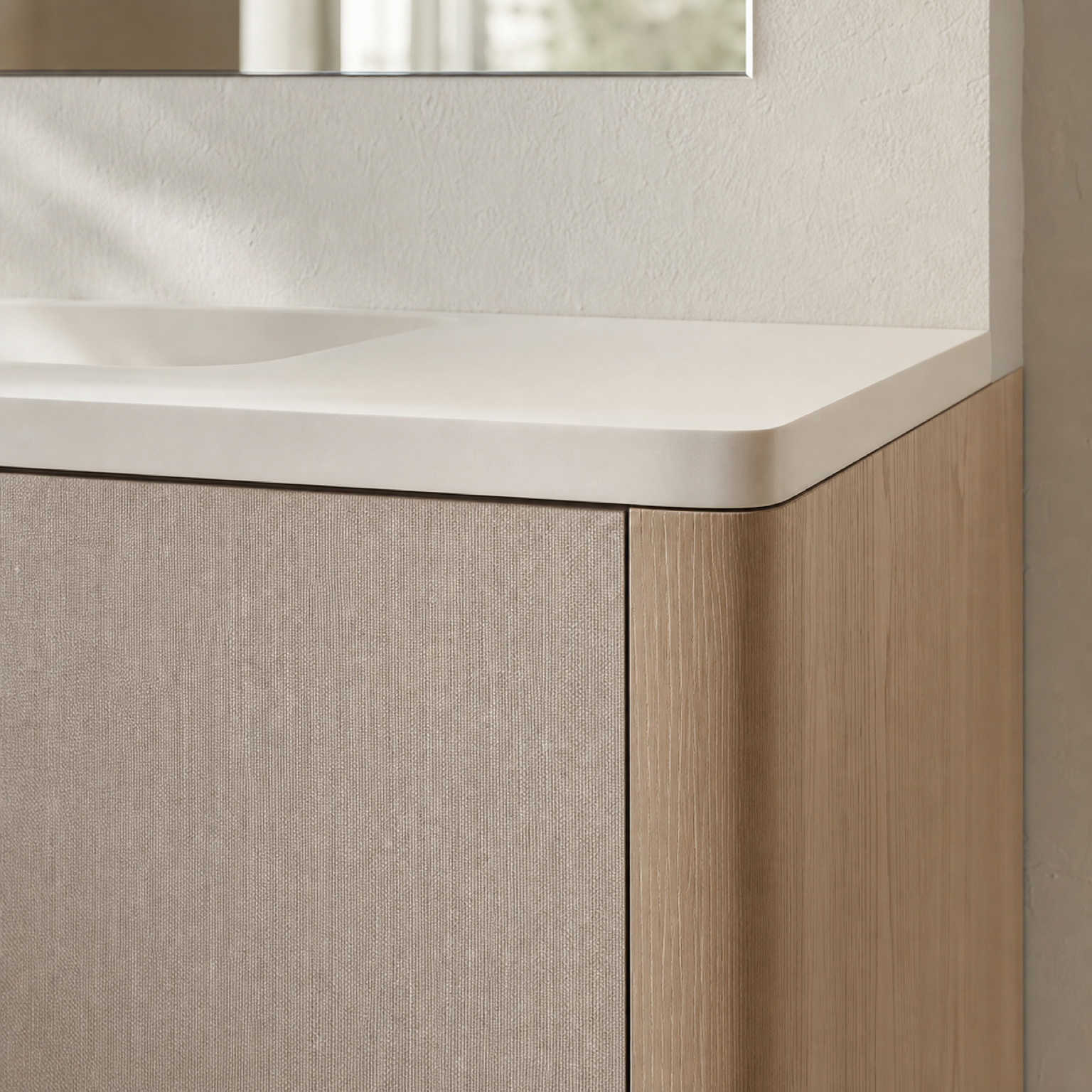 Fadior Ethereal Bath and Vanity Suite with Arched Linen Wash Console — close-up of stainless steel finish and hardware detail