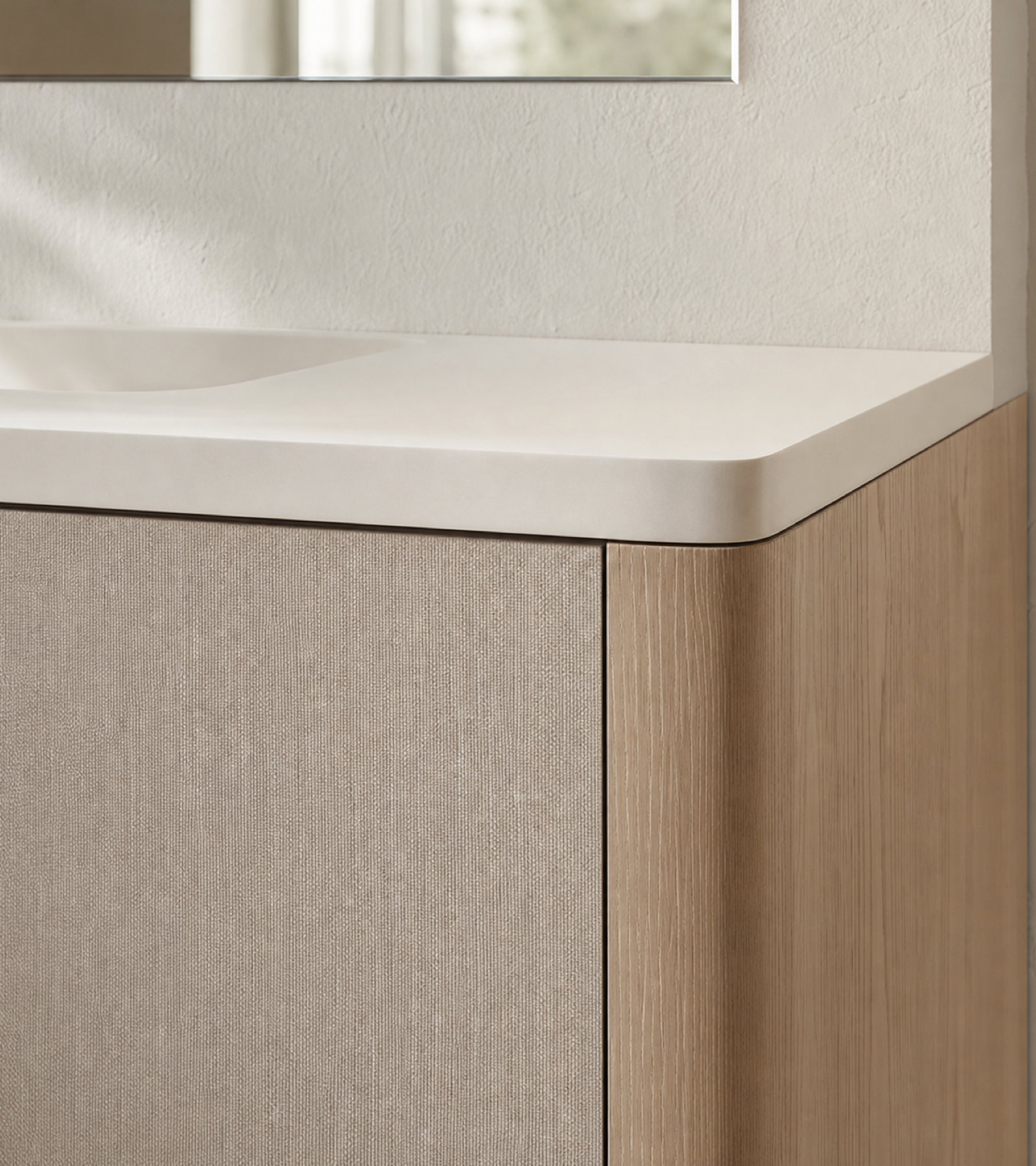 Fadior Ethereal Bath and Vanity Suite with Arched Linen Wash Console — close-up of stainless steel finish and hardware detail