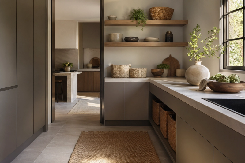Lifestyle context: a pantry-prep room with warm-gray cabinetry, pale stone work surfaces, and a calm whole-home context for glue-free durability.