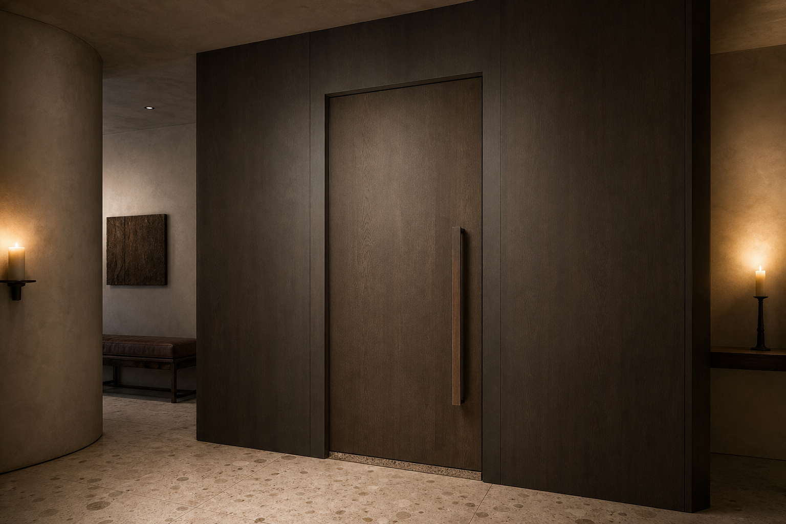 Fadior Silhouette Interior Door with Bronze Threshold Pivot Sequence — 304 stainless steel interior door system, front view