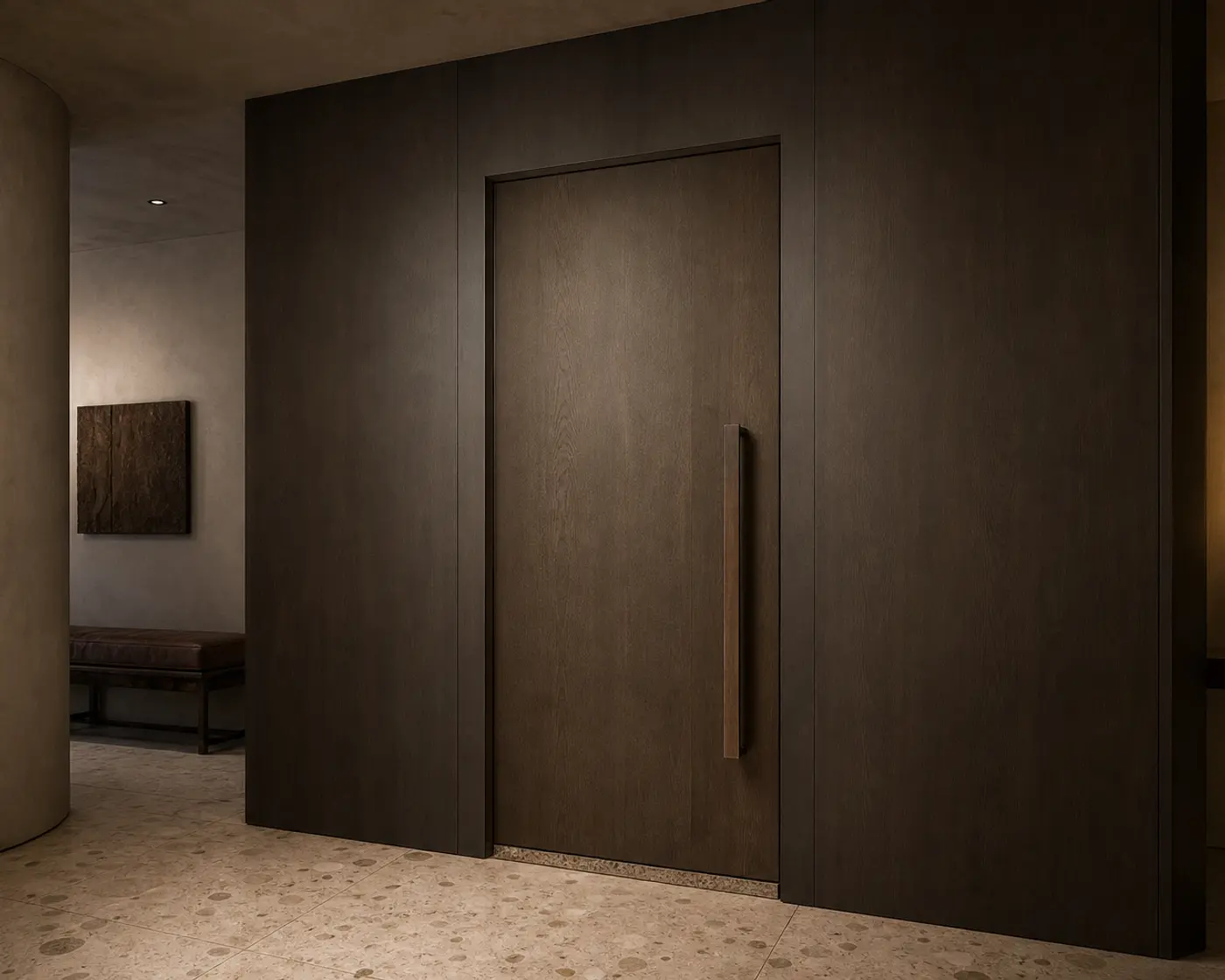 Full-height stainless steel interior door with concealed frame and matching wall panels by Fadior