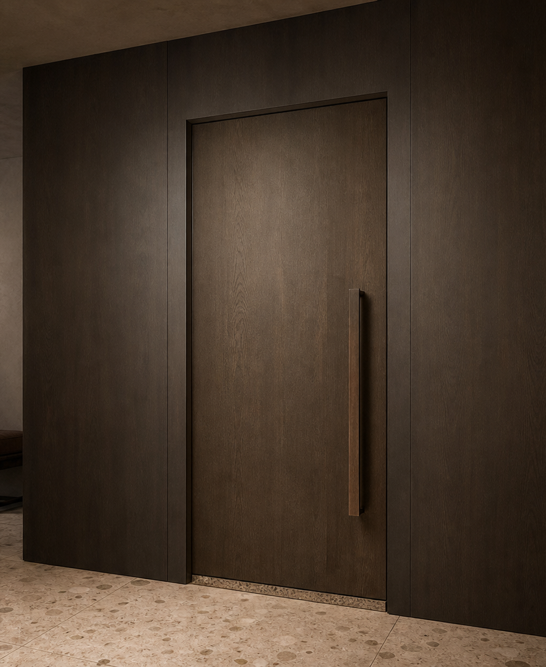 Fadior Silhouette Interior Door with Bronze Threshold Pivot Sequence — 304 stainless steel interior door system, front view