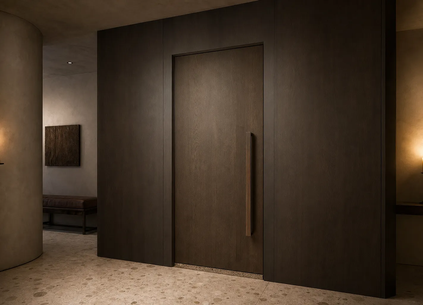 Fadior Silhouette Interior Door with Bronze Threshold Pivot Sequence — 304 stainless steel interior door system, front view