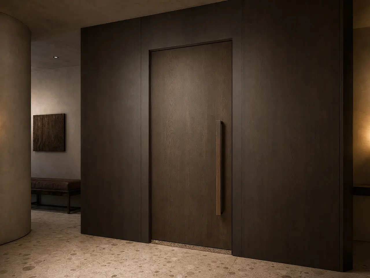 Fadior Silhouette Interior Door with Bronze Threshold Pivot Sequence - full-height stainless steel interior door with concealed frame, quiet hardware, and matching wall panel continuity