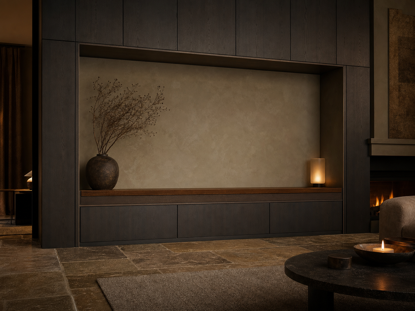 Fadior Patina Living Room Suite with Walnut Listening Rail — interior room context showing cabinet integration