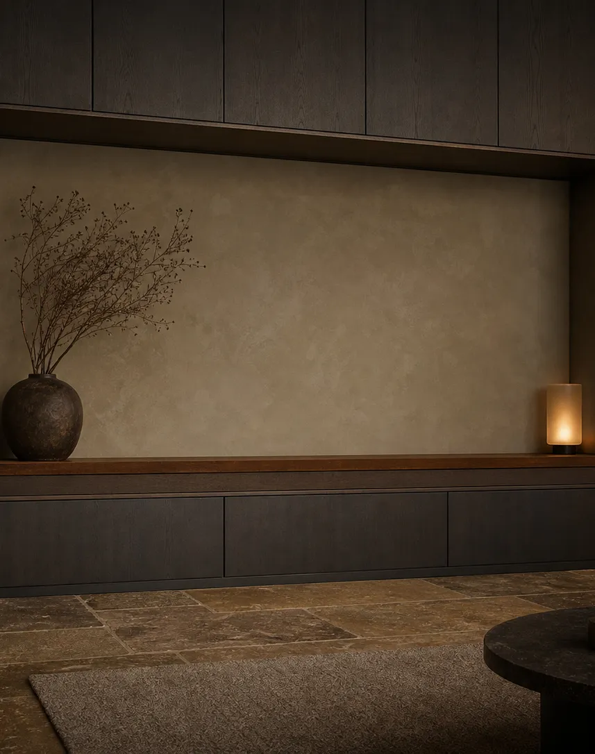 Suite de salón Patina con barra de nogal para escuchar música perspectiva interior
