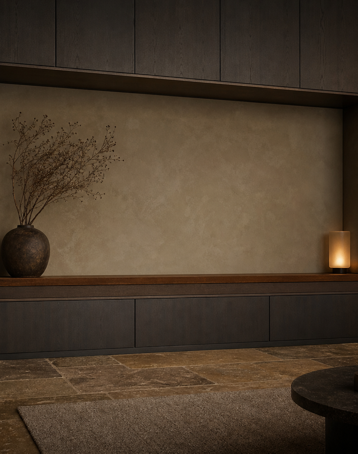 Fadior Patina Living Room Suite with Walnut Listening Rail — interior room context showing cabinet integration