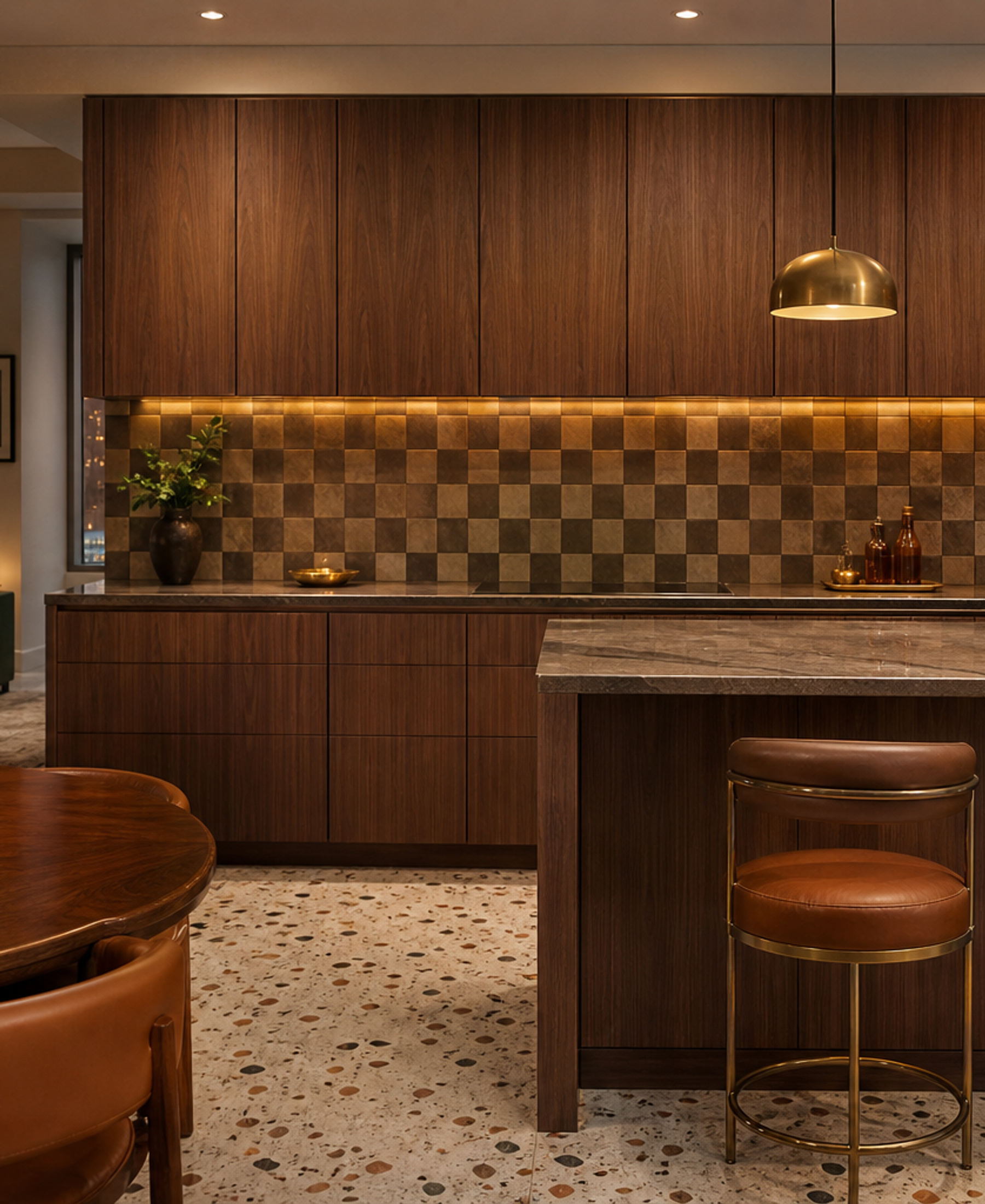 Fadior Forge Kitchen Suite with Walnut Checkerboard Prep Wall — 304 stainless steel kitchen system, front view