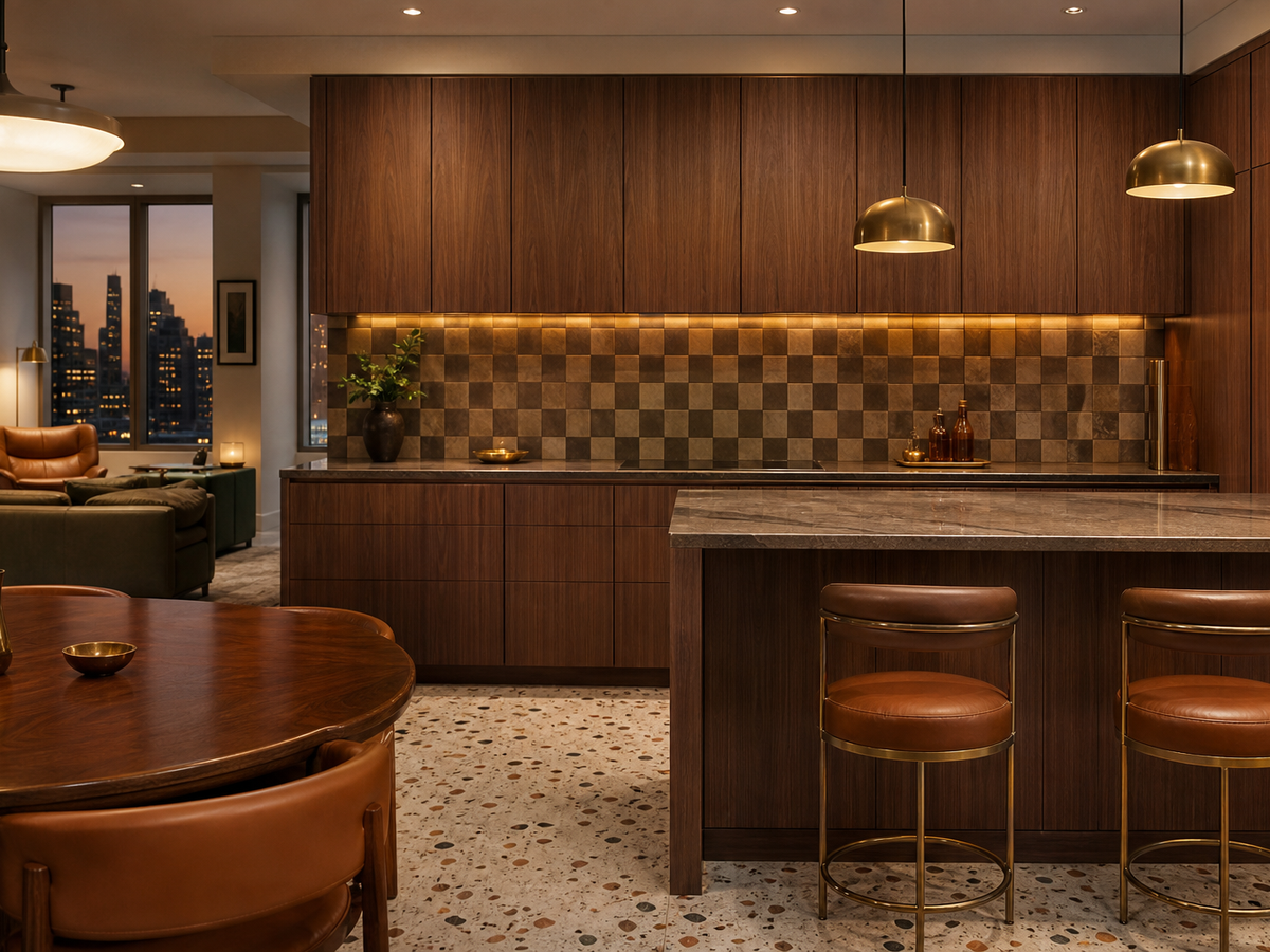 Fadior Forge Kitchen Suite with Walnut Checkerboard Prep Wall — 304 stainless steel kitchen system, front view
