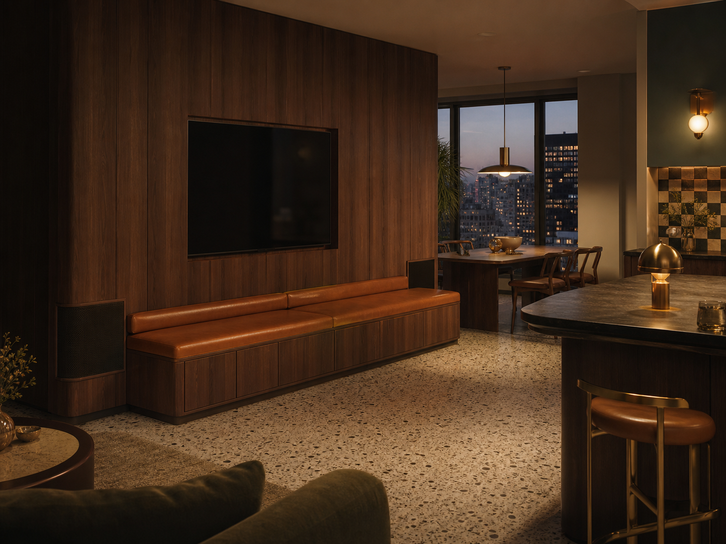 Fadior Galleria Living Room Suite with Cognac Banquette Audio Ledge — interior room context showing cabinet integration