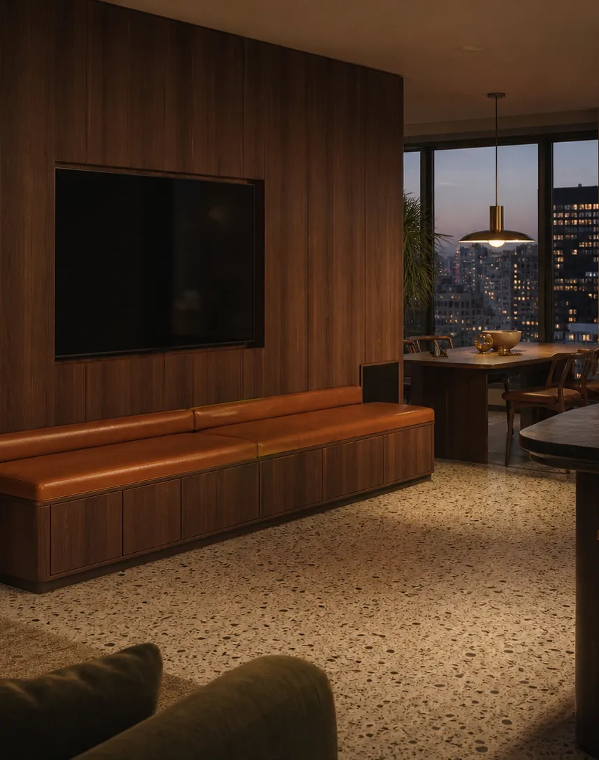 Suite de Sala de Estar Galleria con Repisa de Audio y Banqueta Cognac perspectiva interior