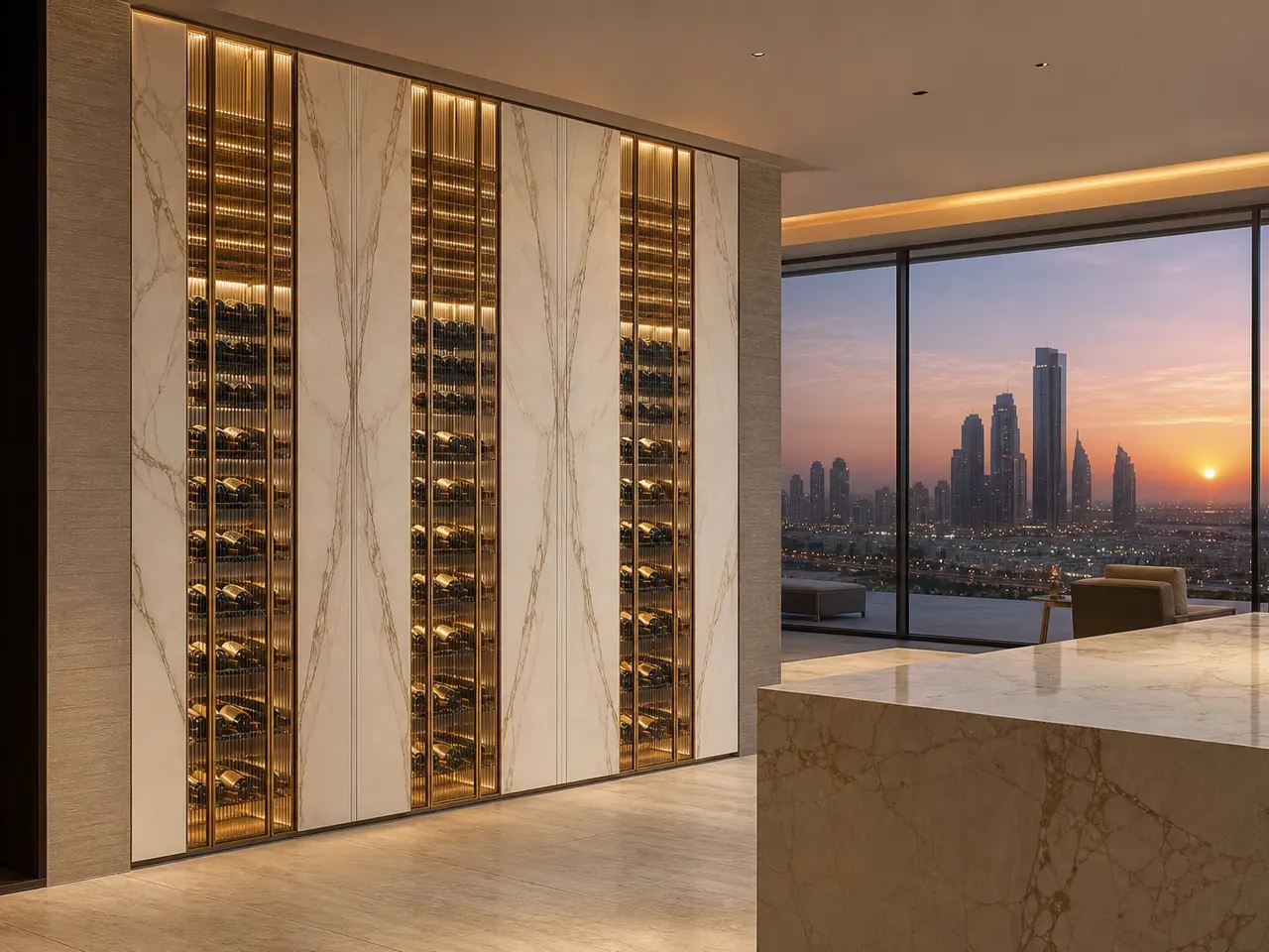 Fadior Cru Wine Cabinet Suite with Reeded Bottle Spine - built-in stainless steel wine cabinet with bottle display, glass-front storage, lighting, and closed reserve storage