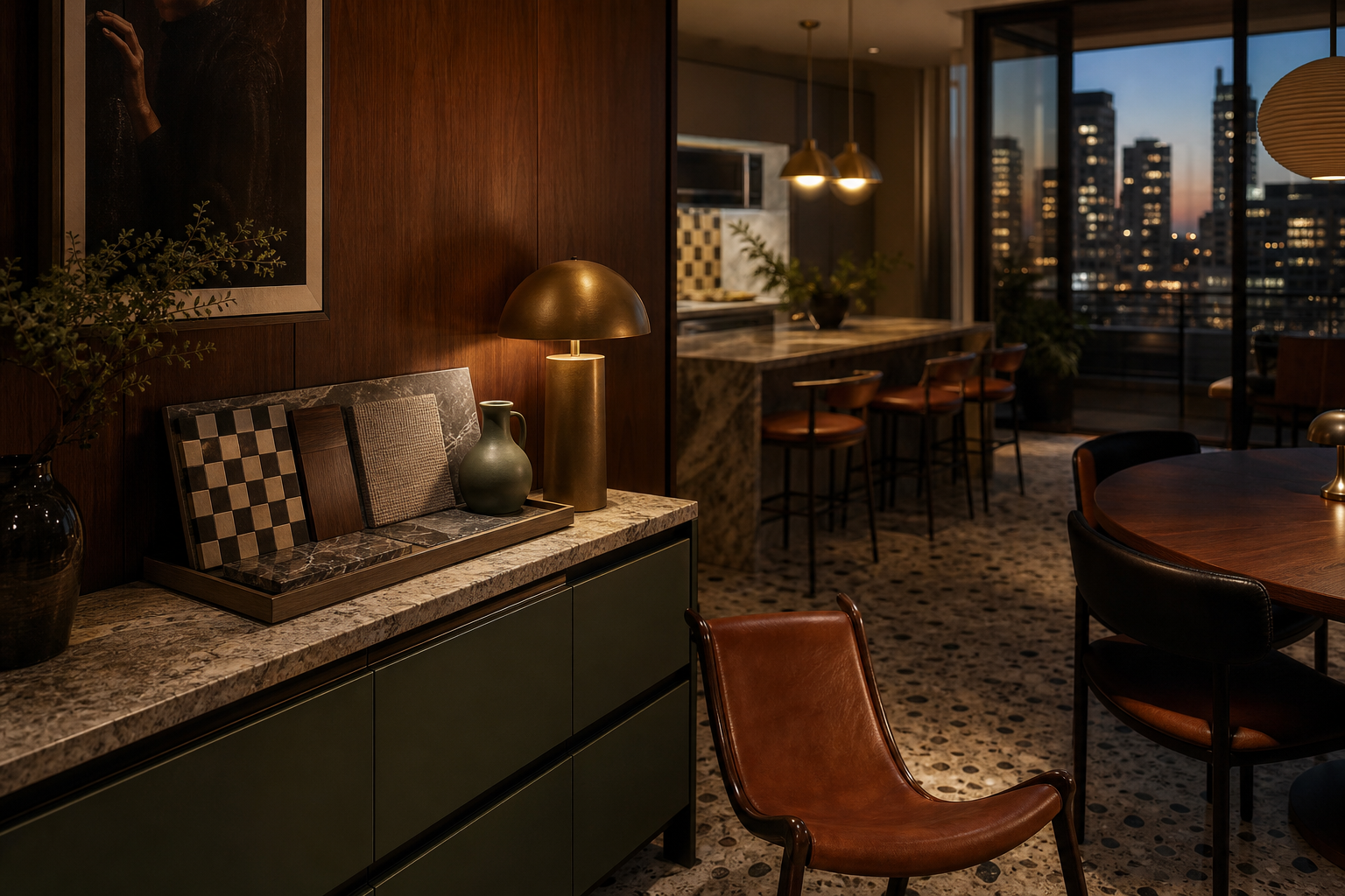 Fadior Gold Coast 80 sqm Kitchen Villa — Gold Coast material study with walnut paneling, stone slab, checkerboard tile sample, green cabinet face, terrazzo floor, leather chair, brass lamp, and city window