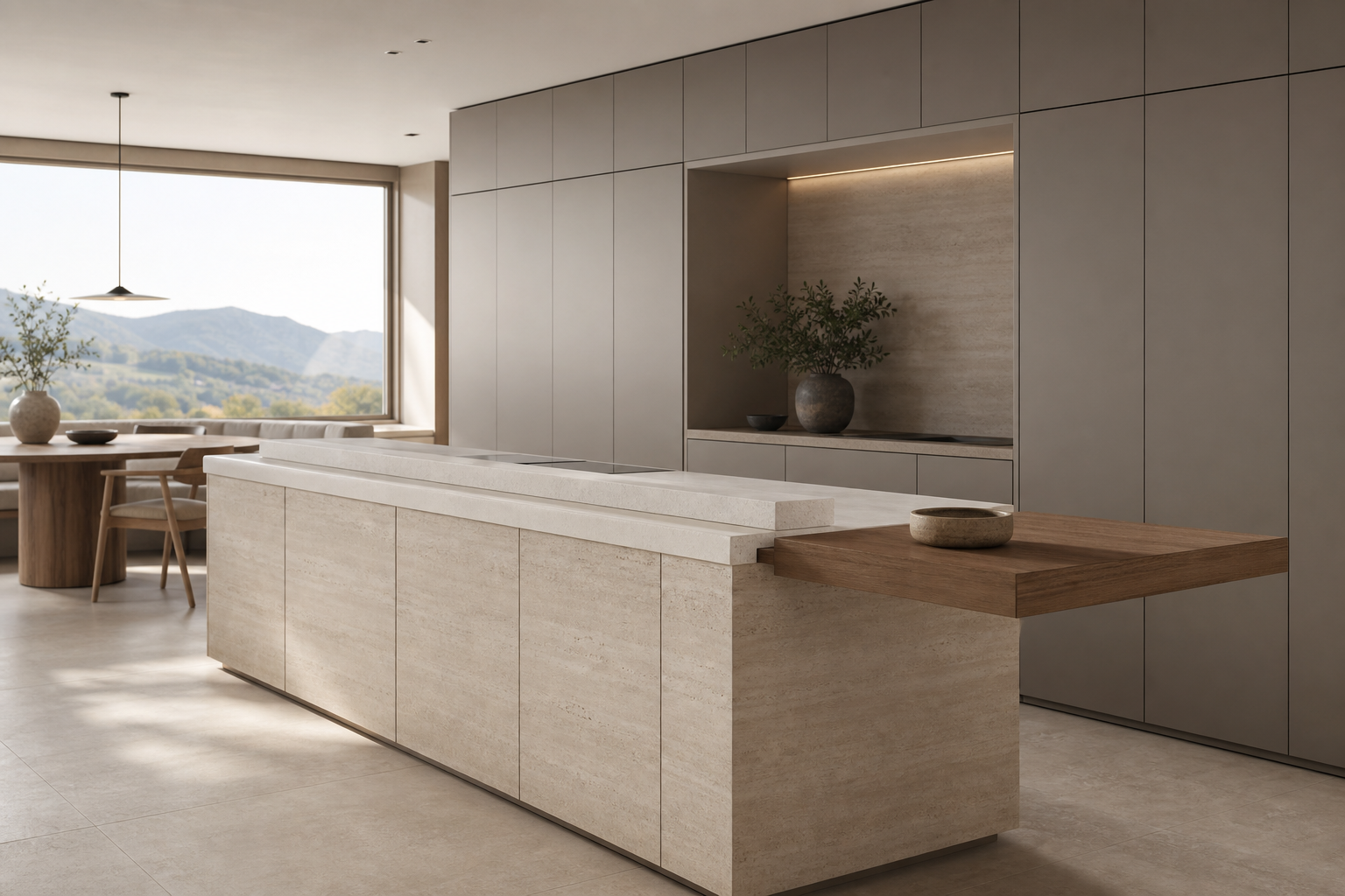 Fadior Meridian Kitchen Suite with Honed Travertine Chef Rail — interior room context showing cabinet integration