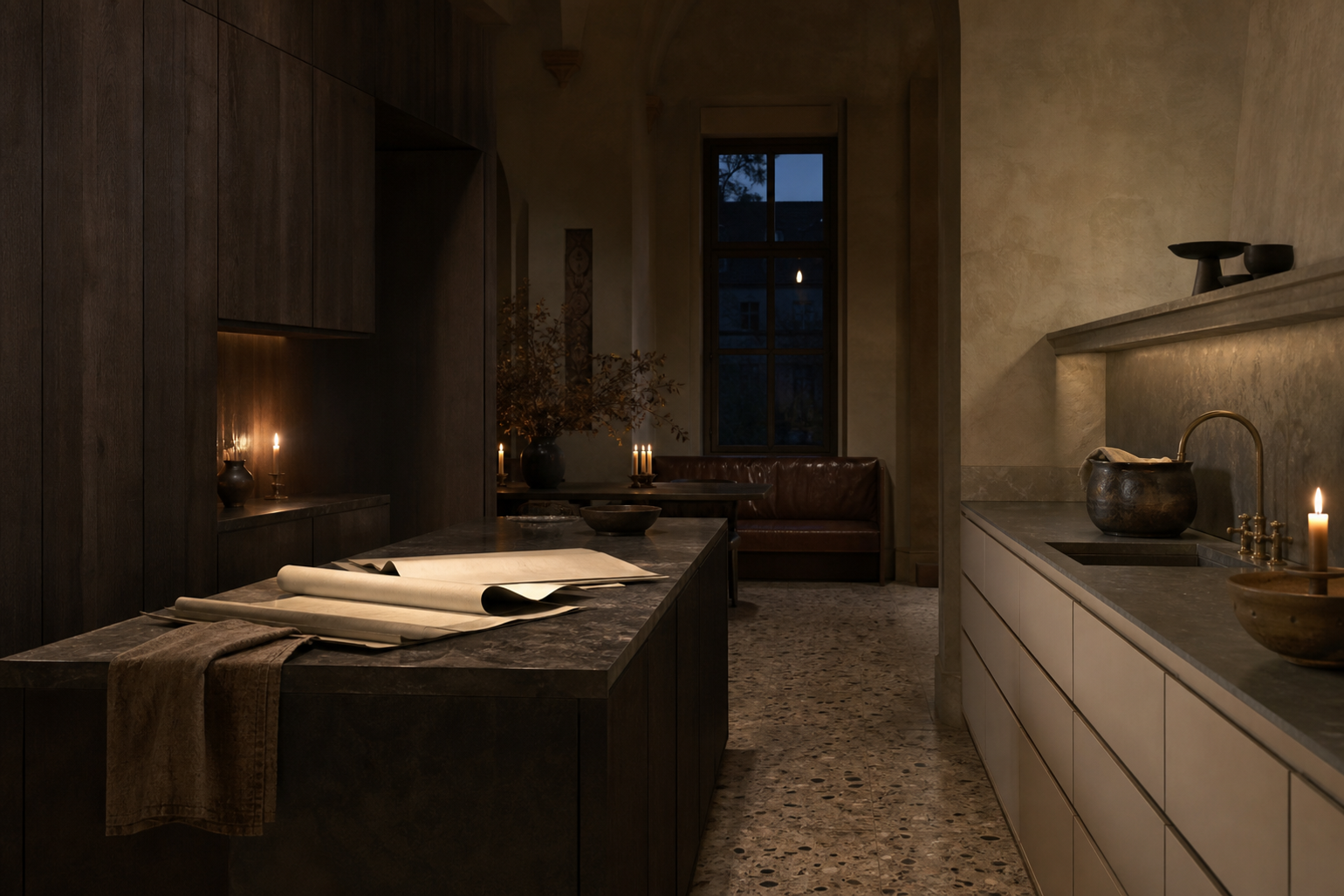 Finish comparison scene with two matte cabinet zones and blank planning sheets on an island.